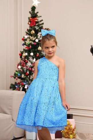 GRACE KARIN Girls Sequin Dress One Shoulder Sparkle Party Dress with Hair Bow in Kuwait