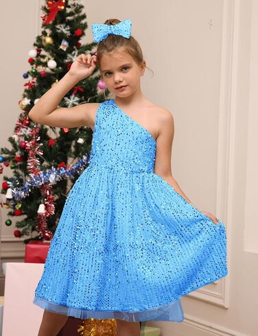 GRACE KARIN Girls Sequin Dress One Shoulder Sparkle Party Dress with Hair Bow in Kuwait