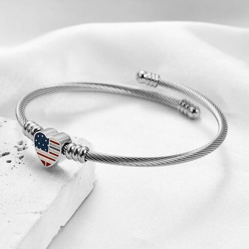 Jude Jewelers Stainless Steel Heart Charm Cable Wire Style USA Flag Independence Day Bangle Bracelet in Kuwait