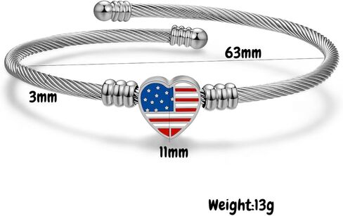 Jude Jewelers Stainless Steel Heart Charm Cable Wire Style USA Flag Independence Day Bangle Bracelet in Kuwait