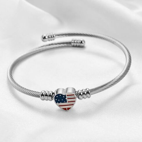 Jude Jewelers Stainless Steel Heart Charm Cable Wire Style USA Flag Independence Day Bangle Bracelet in Kuwait