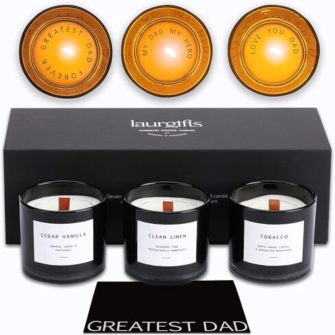 Box of Scented Candles for Men - Aromatherapy Candle Set of 3 Scented Soy Candles with Tobacco, Clean Linen & Cedar Vanilla Scents - Masculine Candle Pack for Men - Mens Candle in Navy Box in Saudi Arabia