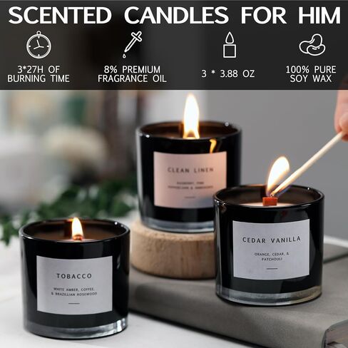 Box of Scented Candles for Men - Aromatherapy Candle Set of 3 Scented Soy Candles with Tobacco, Clean Linen & Cedar Vanilla Scents - Masculine Candle Pack for Men - Mens Candle in Navy Box in Saudi Arabia