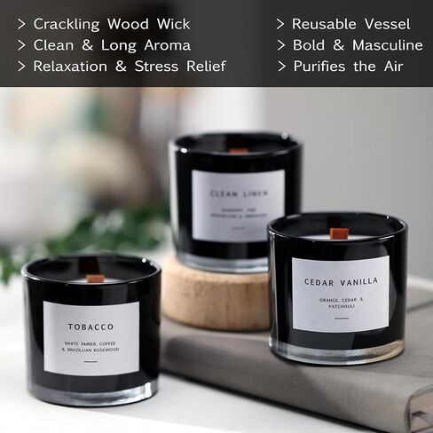 Box of Scented Candles for Men - Aromatherapy Candle Set of 3 Scented Soy Candles with Tobacco, Clean Linen & Cedar Vanilla Scents - Masculine Candle Pack for Men - Mens Candle in Navy Box in Saudi Arabia