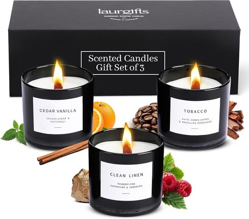 Box of Scented Candles for Men - Aromatherapy Candle Set of 3 Scented Soy Candles with Tobacco, Clean Linen & Cedar Vanilla Scents - Masculine Candle Pack for Men - Mens Candle in Navy Box in Saudi Arabia