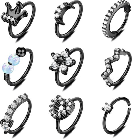 ORAZIO 9Pcs 20G Hoop Nose Rings Paved CZ Stainless Steel Nose Hoops for Women Men Silver Rose Gold Plated Nose Piercings Jewelry Opal Nose Rings Hoops 8mm in Kuwait