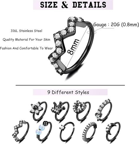 ORAZIO 9Pcs 20G Hoop Nose Rings Paved CZ Stainless Steel Nose Hoops for Women Men Silver Rose Gold Plated Nose Piercings Jewelry Opal Nose Rings Hoops 8mm in Kuwait