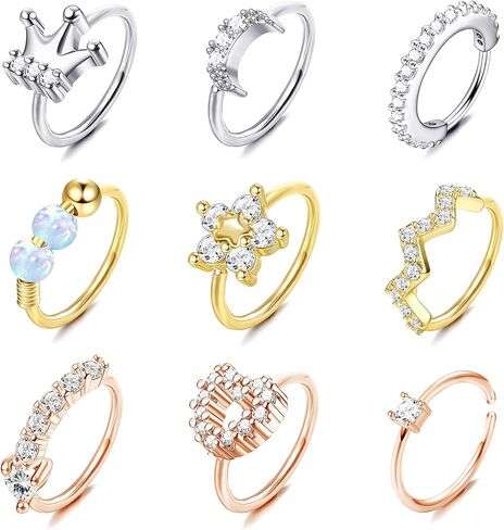 ORAZIO 9Pcs 20G Hoop Nose Rings Paved CZ Stainless Steel Nose Hoops for Women Men Silver Rose Gold Plated Nose Piercings Jewelry Opal Nose Rings Hoops 8mm in Kuwait