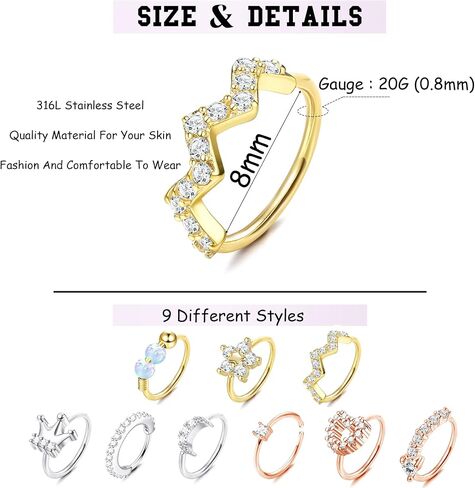 ORAZIO 9Pcs 20G Hoop Nose Rings Paved CZ Stainless Steel Nose Hoops for Women Men Silver Rose Gold Plated Nose Piercings Jewelry Opal Nose Rings Hoops 8mm in Kuwait