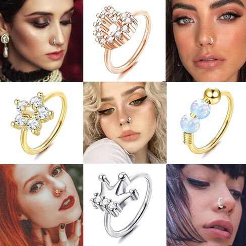 ORAZIO 9Pcs 20G Hoop Nose Rings Paved CZ Stainless Steel Nose Hoops for Women Men Silver Rose Gold Plated Nose Piercings Jewelry Opal Nose Rings Hoops 8mm in Kuwait
