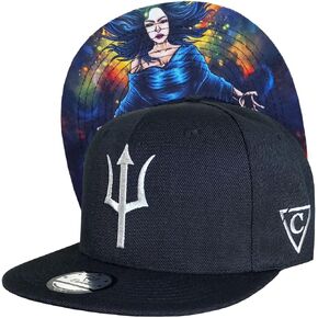 Capiche Black Baseball Cap for Men, Achlys, Goddess of Misery, Ancient Greek Style Snapback Hat Unisex, Silver Front Logo Trident, Snapback Closure, One Size Hat for Women