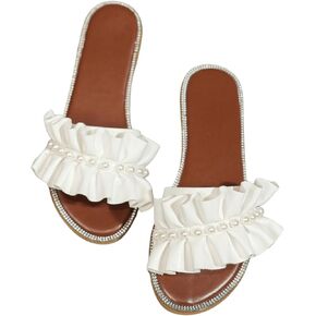 GORGLITTER Women's Ruffle Rhinestone Pearls Flat Sandals Cute Slip On Slide Sandals Beach Summer Sandals