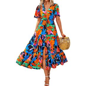 Zenlonr Women Summer Dresses 2025 Casual Short Sleeve V Neck Split Maxi Dress Button Drawstring Beach Long Dress