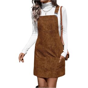 WDIRARA Women's Corduroy Short Overall Dress Adjustable Straps Pinafore Dresses with Pockets