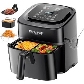 Nuwave Brio 10-in-1 Air Fryer, 6 QT Airfryer Capacity with Smart Probe, Roast Grill Bake for Fast Meals, One-Touch Digital Controls, Powerful 1800W Fryer, 100 Recipes, Removable Divider & Grill Pan