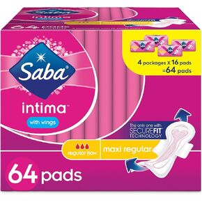 Saba Intima Regular Maxi Pads with Wings | Fast Absorption & Soft Topsheet Feminine Pads for Women | SecureFit Technology Menstrual Pads for Regular Flow | 64 Pads (4 Packages, 16 Pads Each)