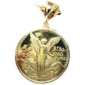 Gold Plated Mexican Coin Centenario Mexicano Moneda 50 Pesos Pendant Chain 26"