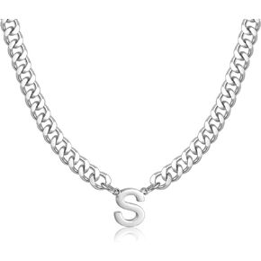 Fiusem Initial Necklace for Men, Silver Tone Cuban Link Chain for Men with Small A-Z Letter Necklace Pendant