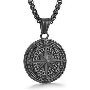 Men's Compass Pendant Necklace, Stainless Steel Compass Circle Vintage Coin Necklace Navigator Forged for Male Talisman Travel Jewelry, Inspirational Graduation Gifts Jewelry Gifts for Friends (Gifts Box)