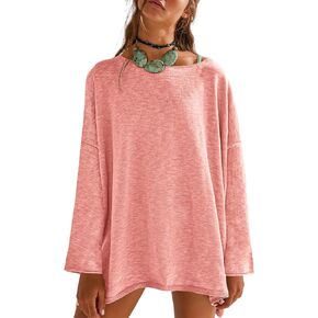 Tankaneo Fall Womens Long Sleeve Shirts Oversized Lightweight Sweaters Crewneck Side Slit Hem Casual Blouse Tunic Tops