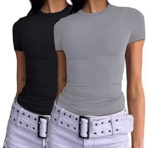 Dwnval Womens 2 Piece Sexy Casual Short Sleeve Crewneck Shirts Summer Slim Fit Cute Crop Tops