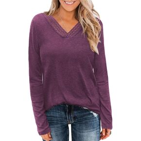 Womens Tops Dressy Casual V Neck Long Sleeve Lace Splice T Shirts Cute Fashion Clothes 2024