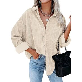 Women's Corduroy Button Down Shirts Casual Long Sleeve Oversized Button up Blouses Tops with Pocket