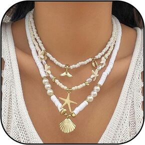 Charm Necklace Gold Seashell Necklace for Women Adjustable Layered Shell Necklace Beach Essentials Holiday Jewelry Stocking Stuffers for Women