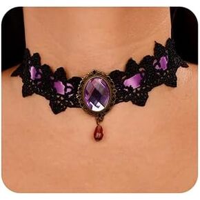 Jumwrit Black Lace Choker Necklace Halloween Vampire Necklace Rhinestone Pendant Necklace Retro Necklace for Women Girls Cosplay Necklace