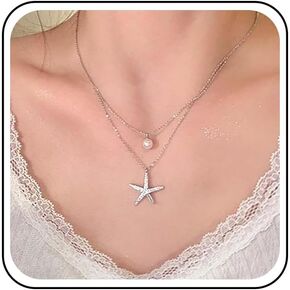 Bohemian Layered Crystal Starfish Choker Necklace Silver Cz Sea Star Pendant Necklace Round Pearl Starfish Collar Necklace Rhinestone Marine Life Chain Necklace Jewelry for Women Gifts
