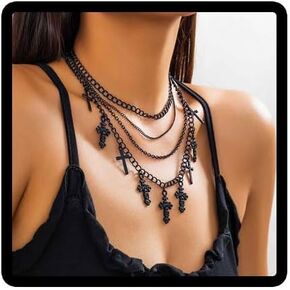 Gothic Cross Pendant Necklace Black Layered Cross Choker Necklaces Halloween Jewelry for Women