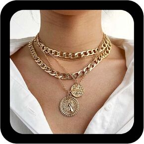 YienDoo Boho Multilayer Coin Necklace Vintage Gold Chunky Link Cuban Chain Choker Disc Coin Pendant Necklace Rock Statement Layered Coin Necklace Charm Jewelry for Women and Girls