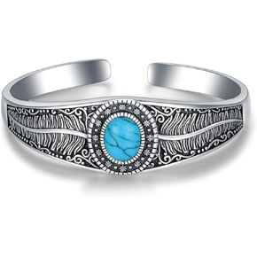 925 Sterling Silver Turquoise Bracelet for Women Men Handmade Feather Bangle Cuff Native American Adjustable Jewelry 6.5 7 7.5 Inch