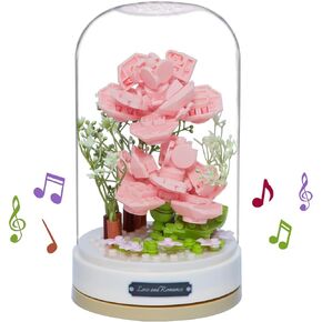 Flower Bouquet Set Rotating Music Box DIY Friends Set Botanical Collection Flowers Bonsai Tree Building Blocks Valentine's Anniversaries New Year Birthday Gift for Women Friends(Pink Rose)