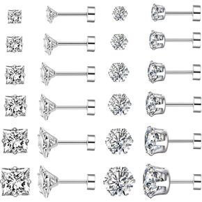 Silver Flat Back Stud Earrings for Women Hypoallergenic Round Square Cubic Zirconia Surgical Stainless Steel Earrings Set for Multiple Piercing 12 Pairs