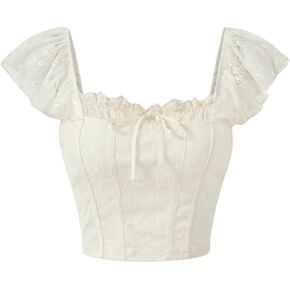 Women's Solid Ruffle Trim Tie Bow Front Crop Top Tee Casual Cap Sleeve Lace Slim Fit Pullover T Shirt