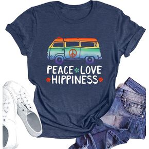 Peace Sign Love T-Shirt for Women Flower Graphic Shirt Hippie Short Sleeve 60s 70s Shirt Inspirational Tee Tops