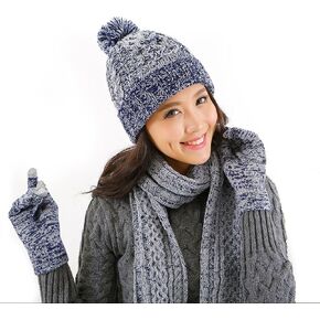 Knitted Beanie Gloves & Scarf Winter Set Warm Thick Fashion Hat Mittens 3 in 1 Cold Weather for Women Blue