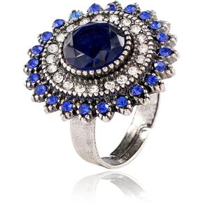 Vintage Blue Sunflower Statement Ring for Women Antique Round CZ Crystal Evil Eye Protection Adjustable Expandable Open Wrap Wedding Cocktail Party Rings Comfort Fit Art Deco Jewelry
