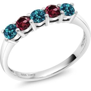 10K White Gold London Blue Topaz and Red Rhodolite Garnet 5 Stone Wedding Engagement Promise Ring For Women (0.63 Cttw, Round 3MM, Gemstone November Birthstone, Available In Size 5, 6, 7, 8, 9)
