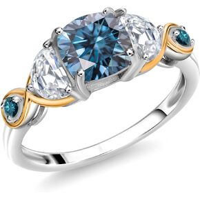 Gem Stone King 1.67 Cttw Cushion Persian Blue Moissanite Half Moon White Moissanite and Blue Diamond Engagement Ring For Women | 925 Silver and 10K Yellow Gold | Available In Size 5, 6, 7, 8, 9