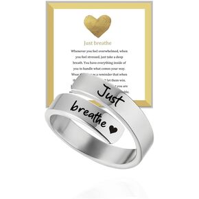 Just Breathe Ring for Women, Adjustable Heart Hope Rings for Women Just Breathe Motivational Stainless Steel Engraved Inspirational Jewelry To My Daughter Friendship BFF Sorority Sisters Silver