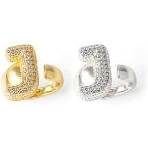 Dcfywl731 2PCS Initial Ring for Women 14K Gold Plated Rhinestone Initial Rings Silver Chunky Ballon Letter Ring Open Adjustable Puffy Initial Ring Personalized Birthday Jewelry Gifts Trendy Stuff