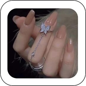Bohemian Butterfly Crystal Pendant Chain Rings Vintage Silver Chain Finger Rings Gothic Adjustable Chain Finger Rings for Women (Style B)