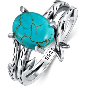 Real Turquoise Rings for Women 925 Sterling Silver with Genuine Oval Gemstone Vintage Boho Style Ring Jewelry for Her