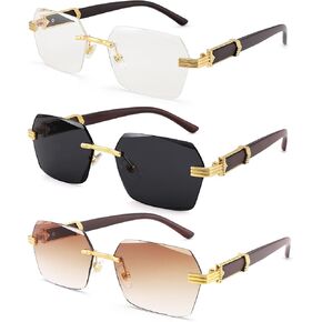 LIU·WEN Fashion Rimless Sunglasses for Men 3 Pack - Retro Frameless Rectangle Men Shades Tinted Eyewear