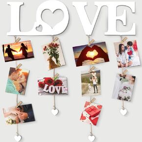 Chuangdi Valentine's Day Picture Frames Love Hanging Photo Display Wall Decor with Clips String Picture Hanger Heart Design Decorative Organizer Display for Home Bedroom Living Room Decoration (White)