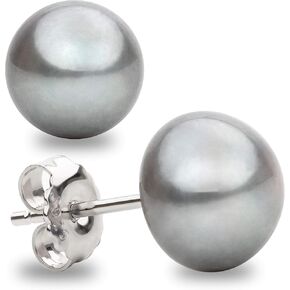 Freshwater Cultured Pearl Stud Earrings for Women Button Shape Gray Color SECRET & YOU - Sterling Silver 925 - Available in 4 sizes from 8 mm to 11 mm