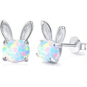 Opal Rabbit Earrings 925 Sterling Silver Bunny Stud Earrings Hypoallergenic Small Animal Gifts for Women Sensitive Ears