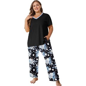 Vozanet Women's Pajama Sets Short Sleeve with Long Pant Soft Sleepwear Printed pj Loungewear With TWO Pockets Size 1X to 5X